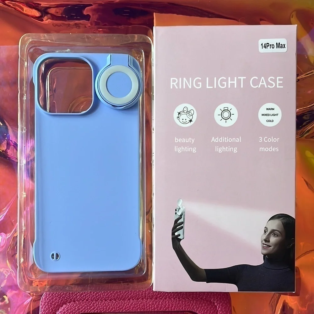 Brand New Selfie Ring Light Flip Phone Case for iPhone 14 Pro Max 3 Modes Blue